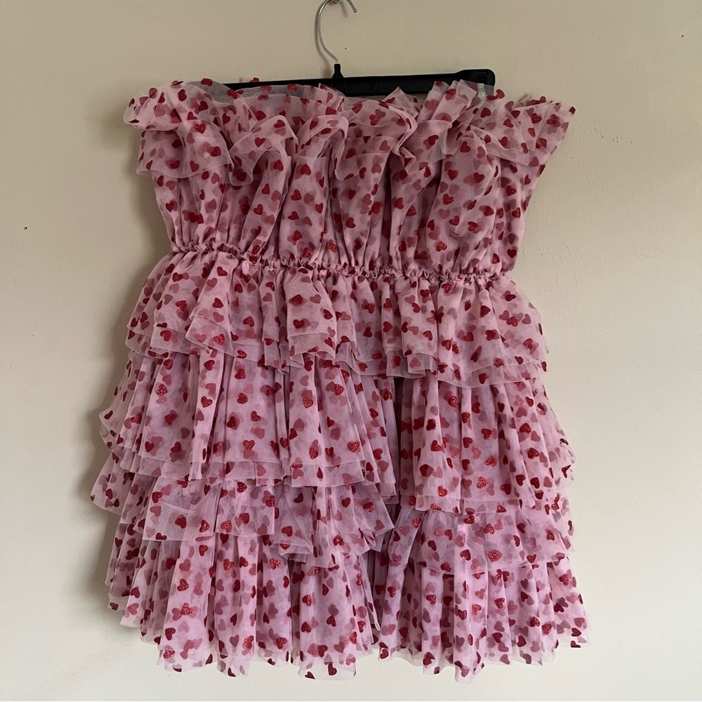 Mable Heartbreaker Strapless Pink Glitter Heart Ruffle Tulle Dress Medium - Picture 6 of 16